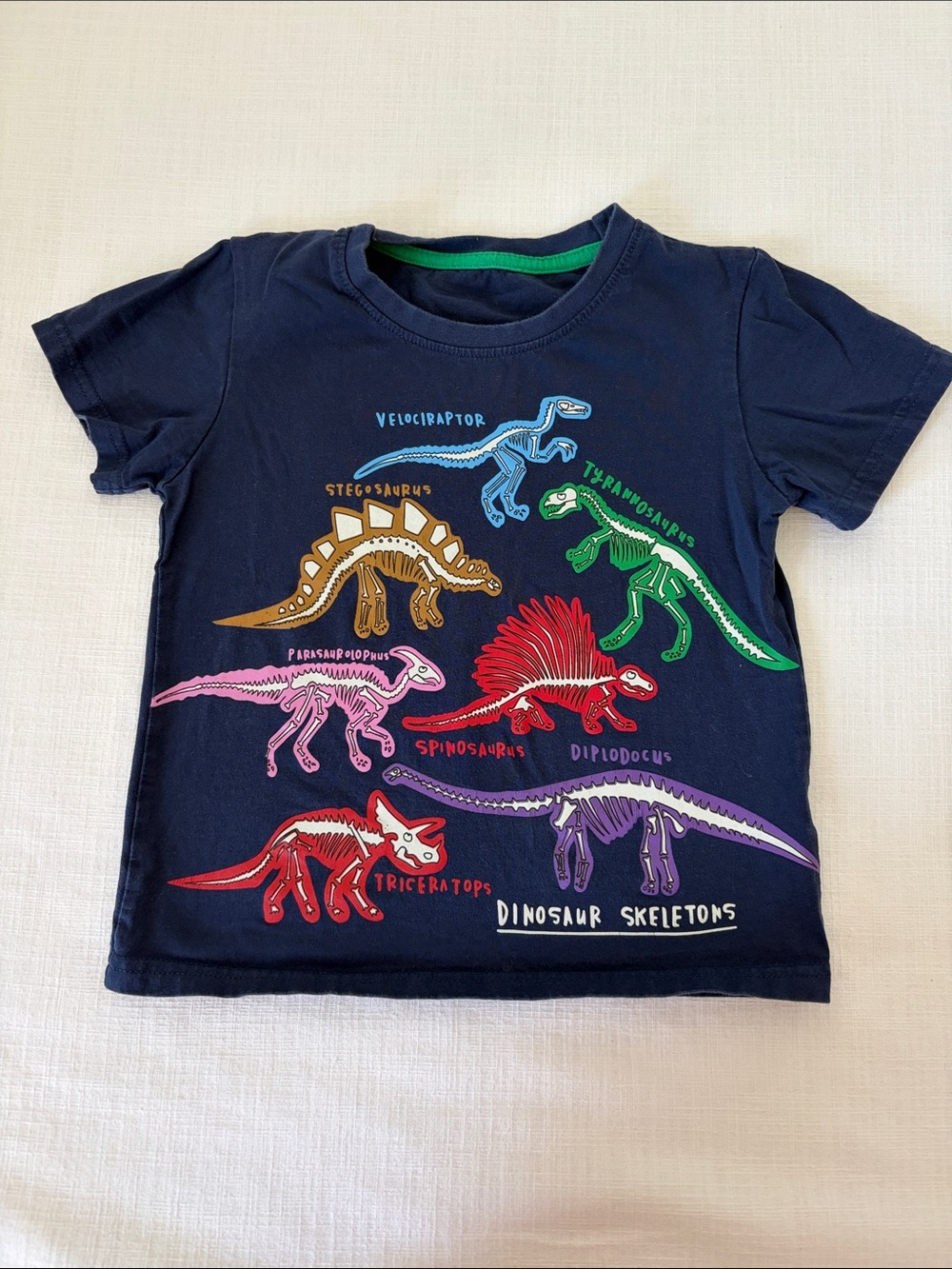 Mini Boden Navy Tee with Multicolor Dinosaur Skeletons